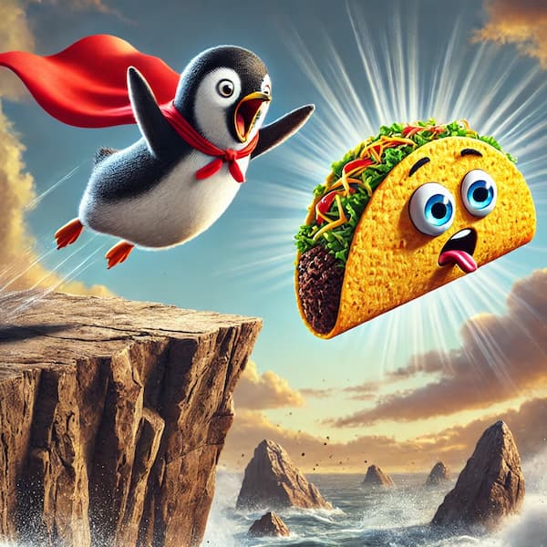 A funny scene featuring a penguin in a superhero cape flying through the air, heroically saving a taco from falling off a cliff. The penguin is mid-di